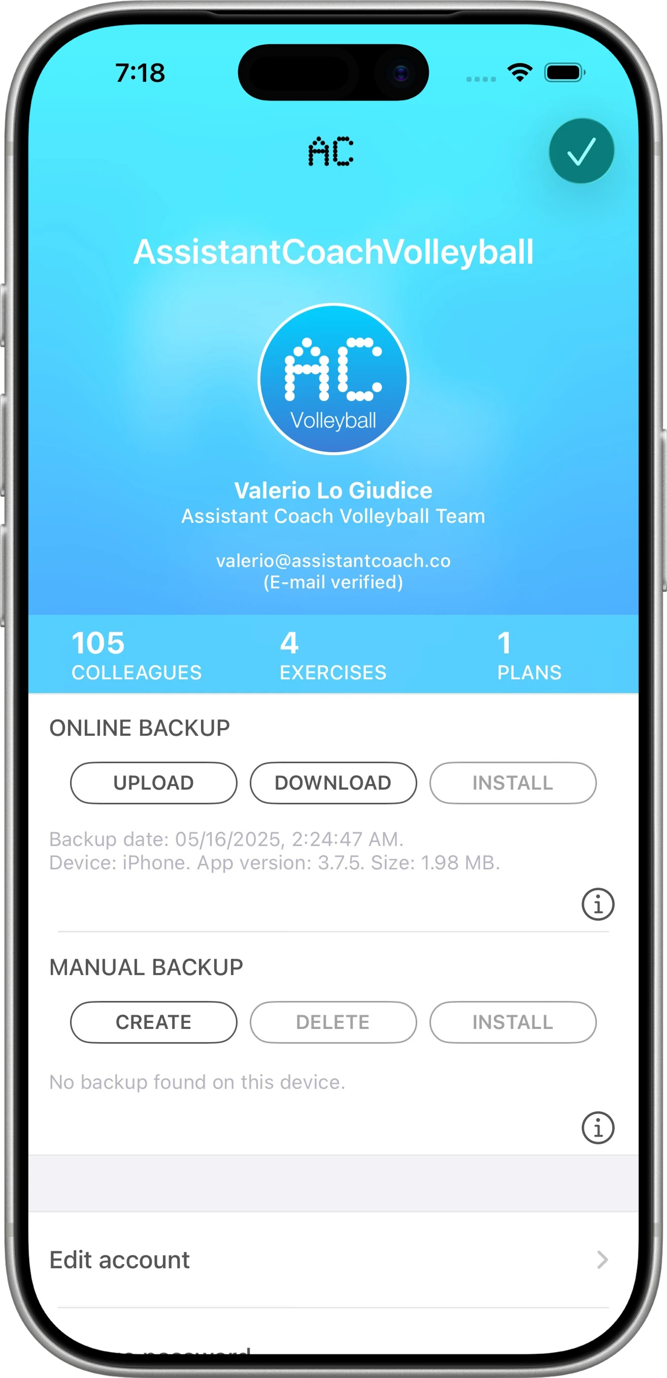Assistant Coach account on iPhone